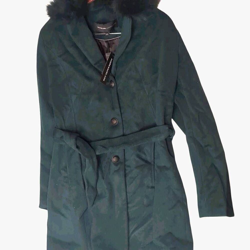 NWT Andrew Marc Fur Trim Dark Emerald Green Pea Wool Trench Coat 6